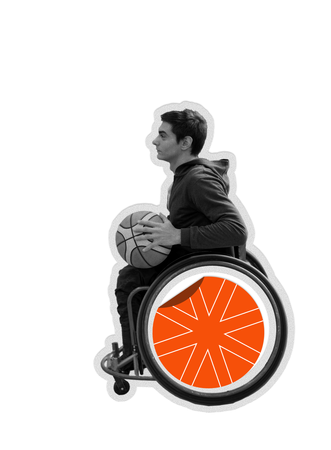 Recorte de um jovem em cadeira de rodas esportiva, de perfil, segurando uma bola de basquete, com o vão da roda preenchido em laranja